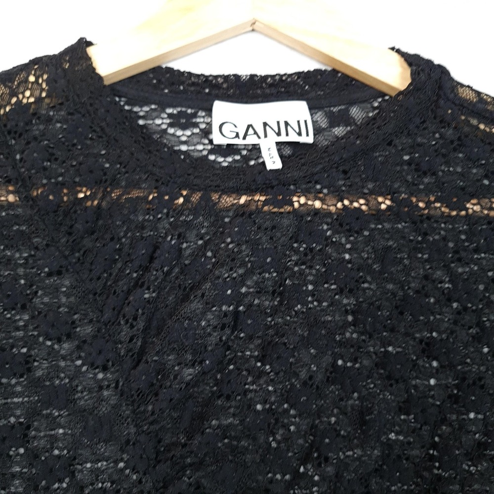 Ganni Lace Top Womens Medium Black Floral Sheer Long Sleeve Ruched - Picture 7 of 16